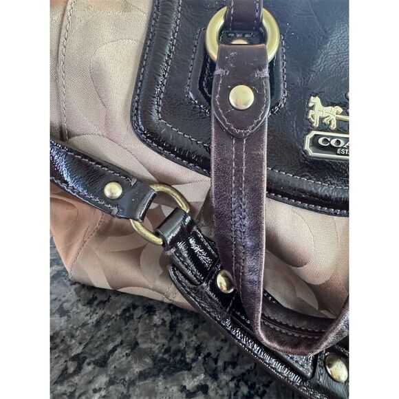 Coach Madison Audrey Satchel Beige/Brown Canvas Patent Leather Bag - Picture 9 of 13